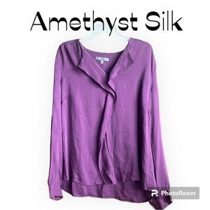 CLASSIQUES ENTIER 100% Pure Silk Crepe Long Sleeve Blouse Amethyst Purple  SZ XL